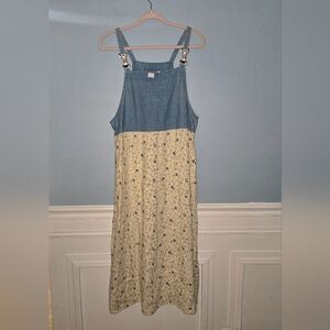 Vintage 90s Denim Floral Maxi Cottagecore Jumper Dress Blue Yellow Size Large